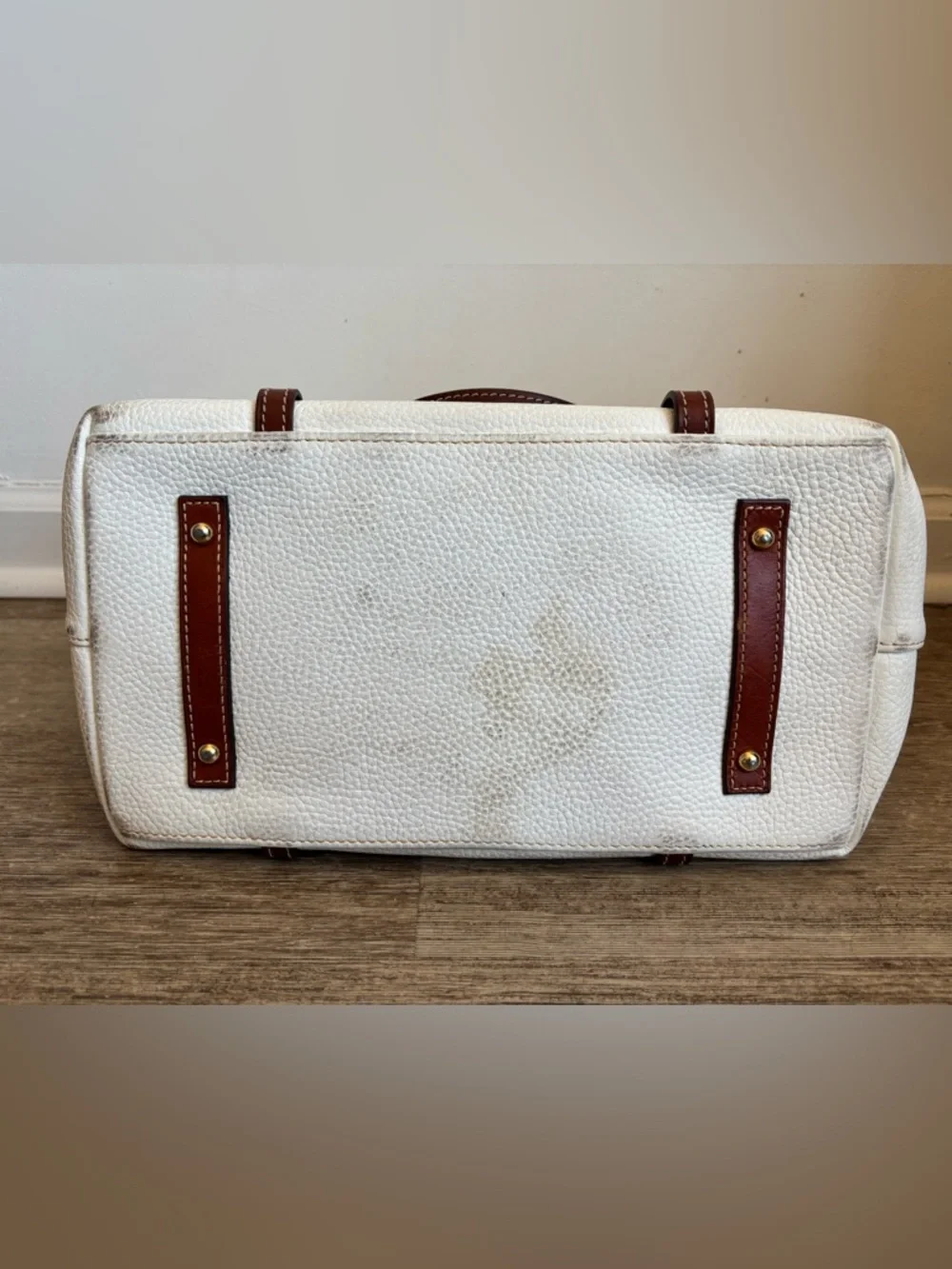 👜 Dooney & Bourke Pebbled Leather Tote Cream Brown Trim Large Shoulder Bag - Picture 8 of 9